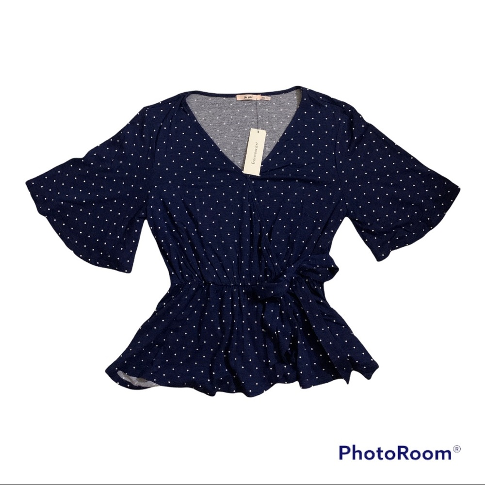 Size XXS Francesca‘s navy blue with white polkadots top.